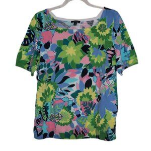 Talbots Floral Knit Shirt Womens Petite Size 1X Colorful Square Neck Pullover